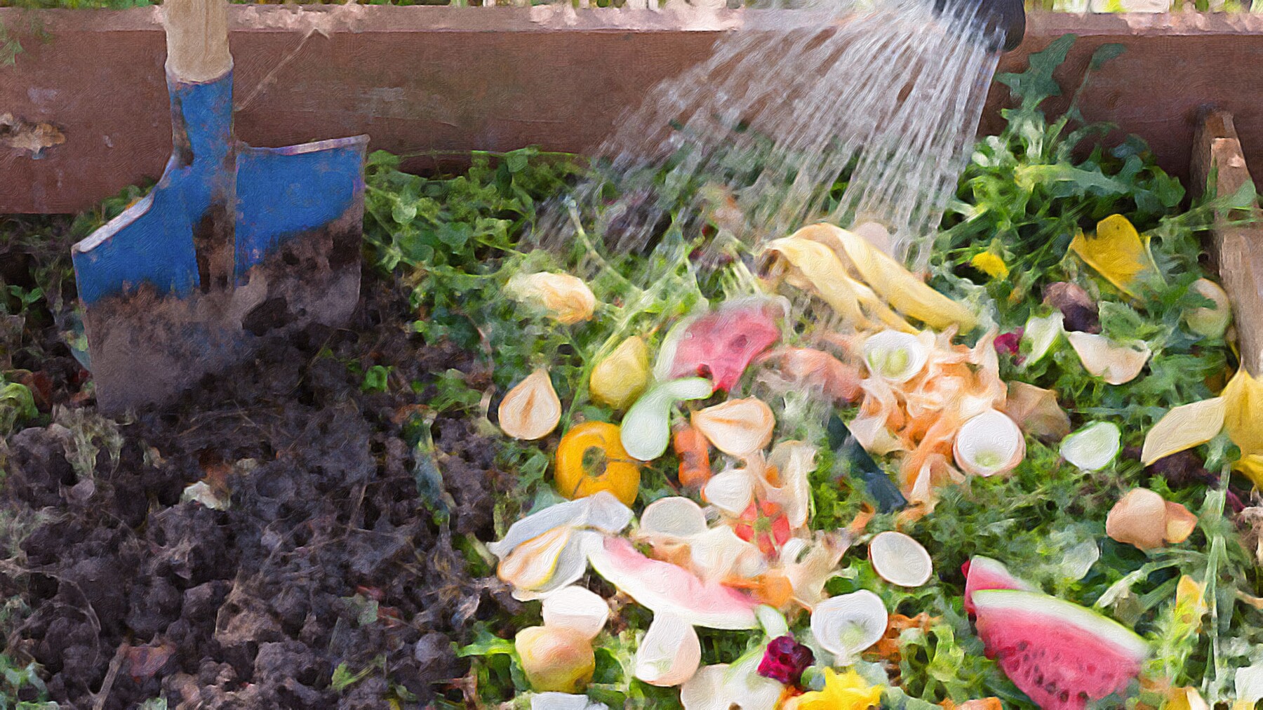 An active compost pile being watered with a hose while a blue garden shovel rests against the side, showing a mix of dark decomposed material and fresh green scraps and food waste