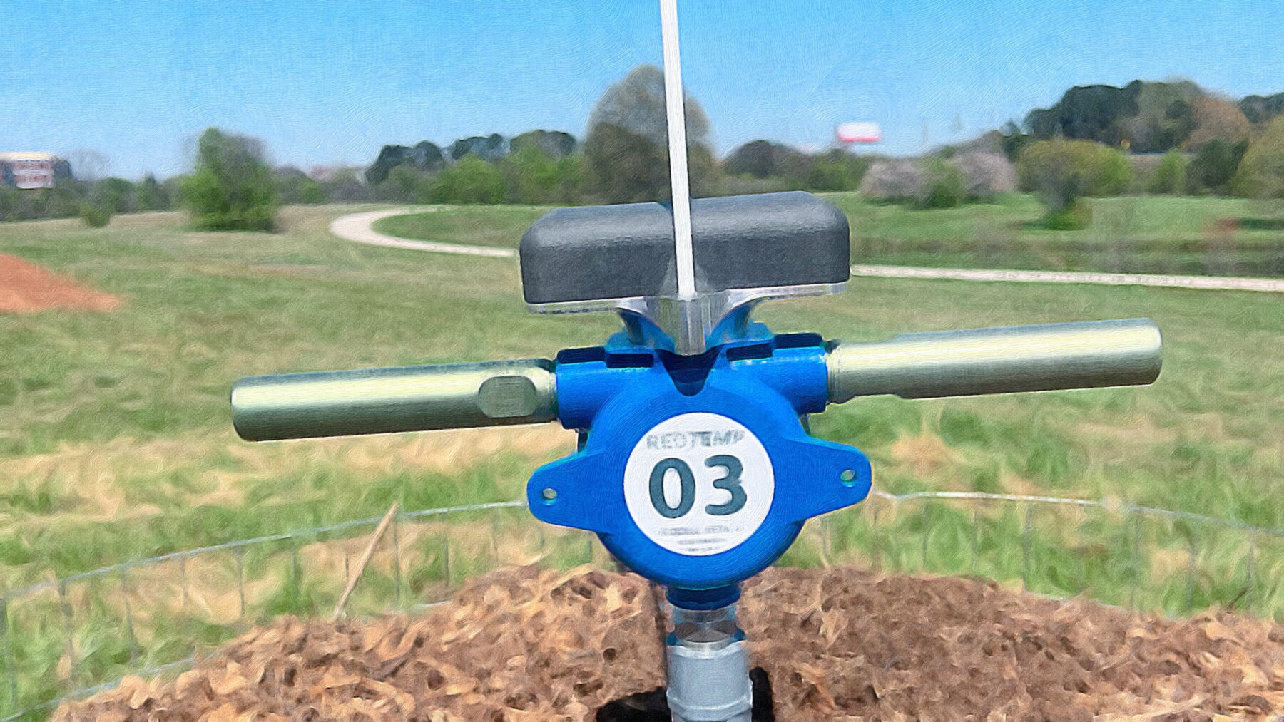 A blue REOTEMP compost thermometer labeled number 03 inserted into a compost pile, with a green field and winding walking path visible in the background at the UGA Griffin campus